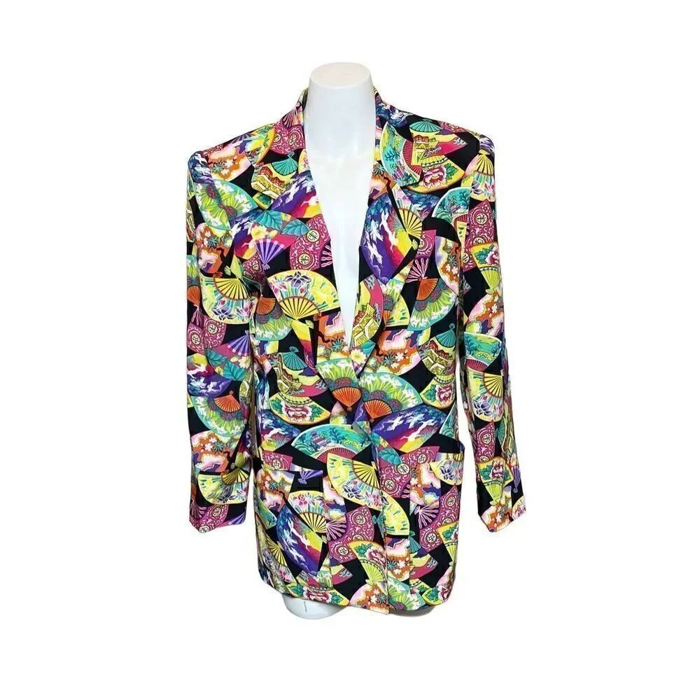 Dana Buchman vintage 100% silk colorful fan print blazer size 8